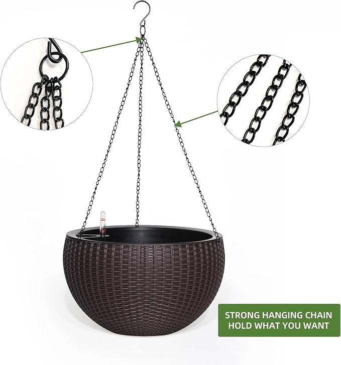 Dexceder 9 Inch Self Watering Hanging Planter (Brown) | Thickened Hanging Basket Flower Plant Pot with Water Level Indicator Indoor Outdoor