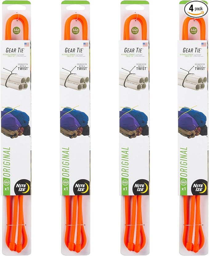 Nite Ize Gear Tie Reusable Rubber Twist Tie - Bendable Rubber Ties for Indoor and Outdoor Use, Reusable Multipurpose Twist Ties for Organizing and More, 64", Bright Orange, 4 Pack