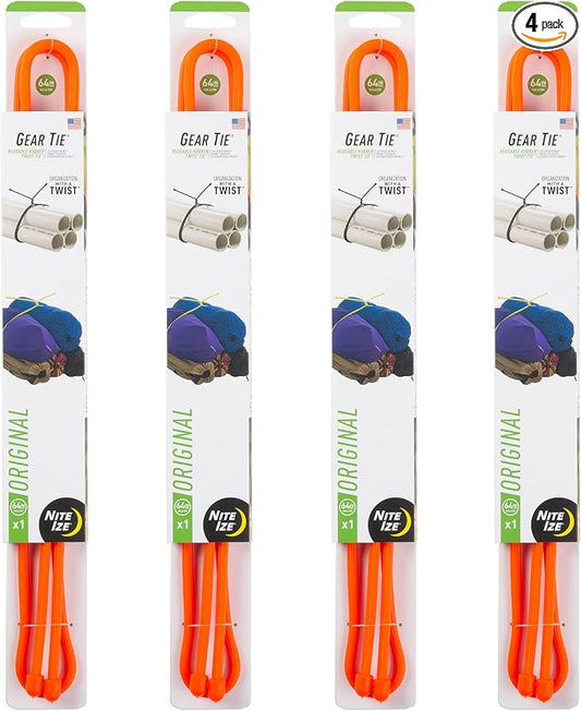 Nite Ize Gear Tie Reusable Rubber Twist Tie - Bendable Rubber Ties for Indoor and Outdoor Use, Reusable Multipurpose Twist Ties for Organizing and More, 64", Bright Orange, 4 Pack
