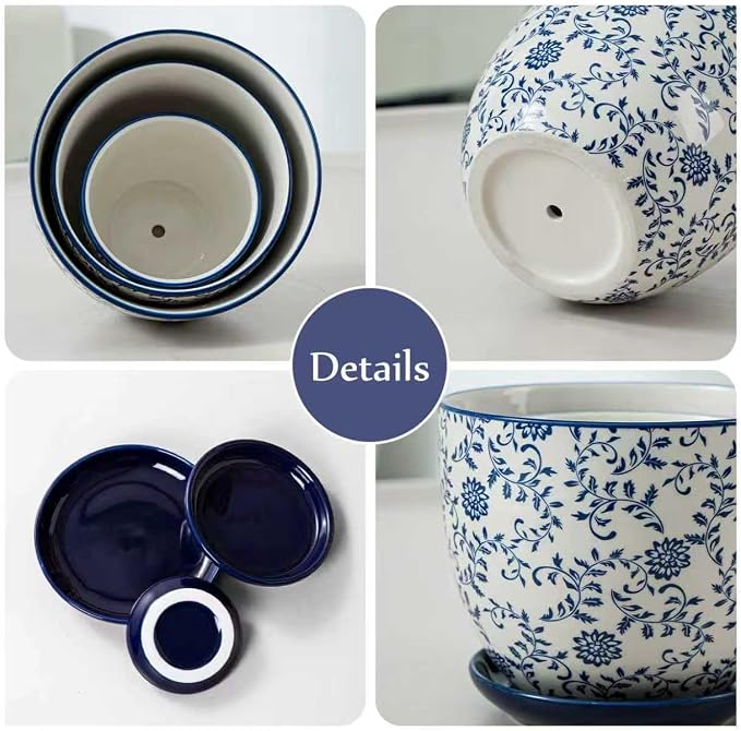 Ceramic Plant Pots - 3.5+4.6+5.6 Inch Flower Pots with Drainage Holes and Saucers - Planters for Indoor Plants Orchid, Herbs, Succulent, Cactus, Home Decor, Set of 3, Vintage Blue, Floral