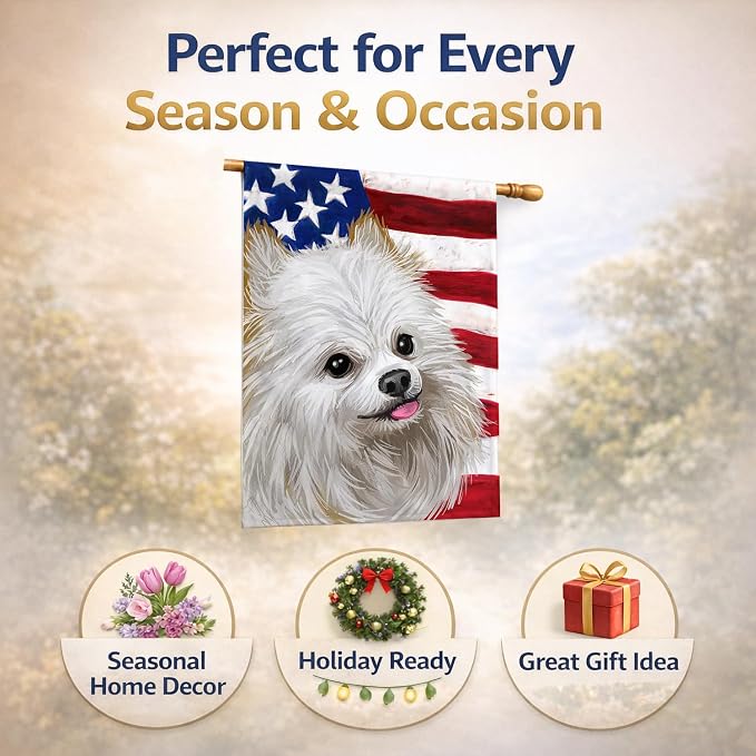 Caroline's Treasures CK6581CHF Japanese Spitz American Flag House Flag Large Porch Sleeve Pole Decorative Outside Yard Banner Artwork Wall Hanging, Polyester, House Size, Multicolor