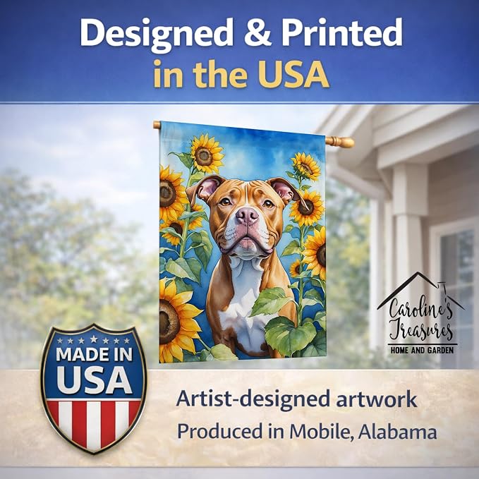 Caroline's Treasures DAC6133CHF Pit Bull Terrier in Sunflowers House Flag Large Porch Sleeve Pole Decorative Outside Yard Banner Artwork Wall Hanging, Polyester, House Size, Multicolor