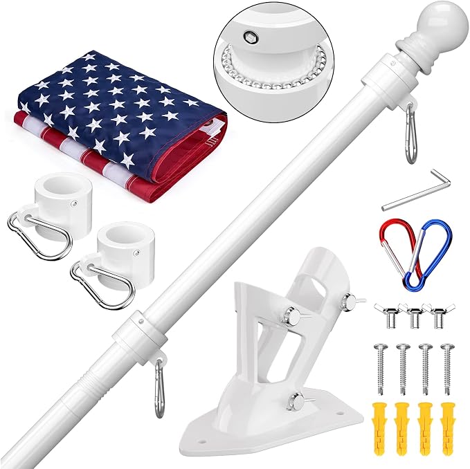 ZMTECH American Flag with Pole - 6FT Flagpole with Upgraded Tangle Free Rings and Bracket, 1" Stainless Steel Flag Poles with Holder for Outside House, Residential or Commerical (White, No Light)