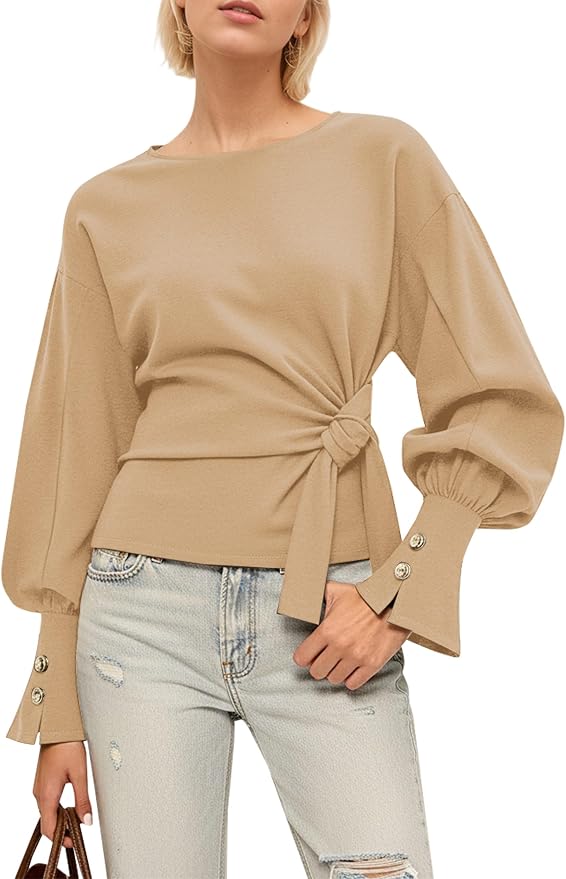 Dsewpaur Twist Knot Tie Front Sweatshirt Tops For Women Long Balloon Sleeve Crew Neck Pullover Casual Fall Outfits