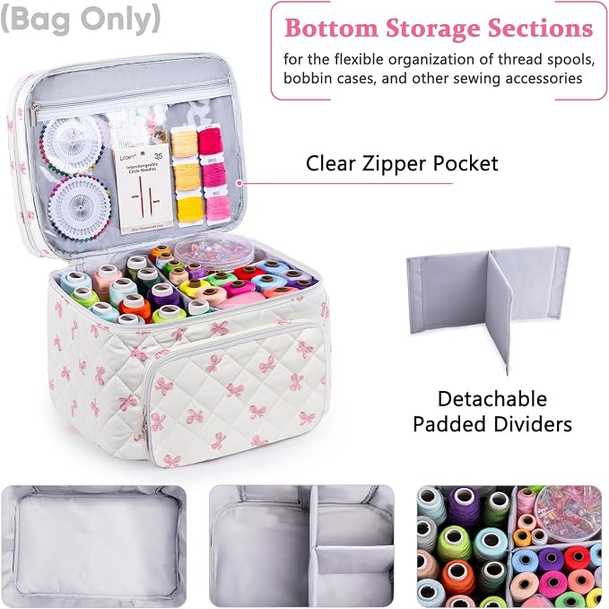 AMOIGEE Double-Layer Sewing Organizer Storage Bag with 2 Detachable Pouches, Large Quilted Sewing Basket for Supplies & Tools, Portable Travel Sewing Kit Case, Gift for Mom(Bag ONLY)