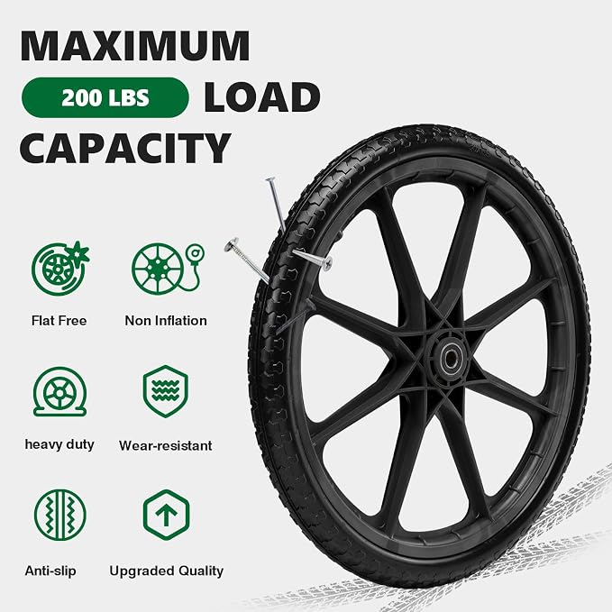 20" Flat Free Tire and Wheel with 3/4" & 5/8" Bearing, Replacement Wheels for Rubbermaid Wheelbarrow,Lawn Carts, Big Wheel Utility Carts and Garden Yard Cart, 2 Pcs Black
