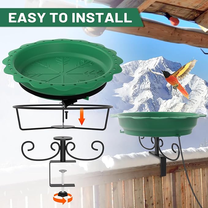 Heated Bird Baths for Outdoors, 100W Heated Bird Bath for Deck Railing, Heated Birdbath with Thermostat Control, Heated Bird Bath for Outside Winter Garden Patio Yard (Green)