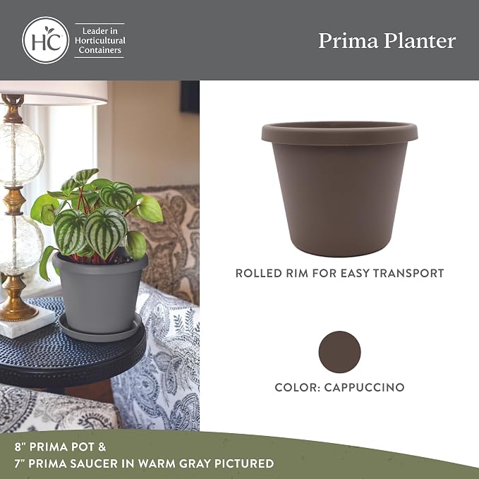 The HC Companies Prima Round Plastic Plant Pot w/Rolled Rim - Lightweight & UV Resistant Flower Pot for Herbs & More - Outdoor & Indoor Plant Pots w/Drainage (8 inch, Cappuccino, Pack of 1)