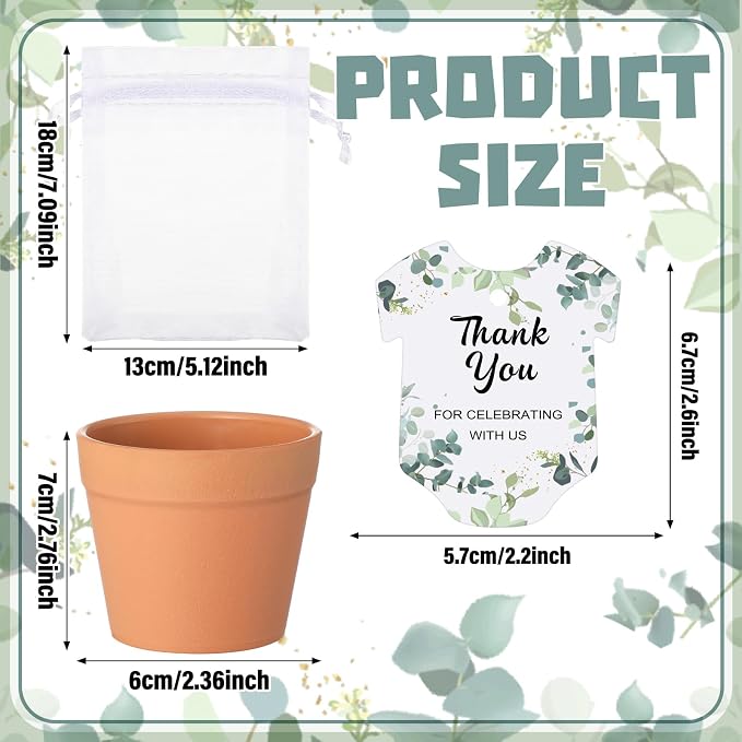 Ctosree 50 Sets Eucalyptus Leaf Baby in Bloom Baby Shower Seed Packets Favors for Guests Include Self Adhesive Seed Packets (No Seeds) Clay Plastic Flowerpot Thank You Tags Hemp Rope Organza Gift Bags