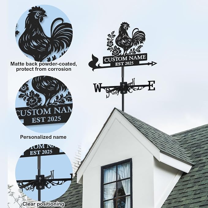 Personalized Metal Weather Vane, Custom Name Weathervane, Chicken Coop Signs, Weather Vanes for Outside, Wind Vanes for Farmhouse Yard Shed Decor, Housewarming Gifts Color06