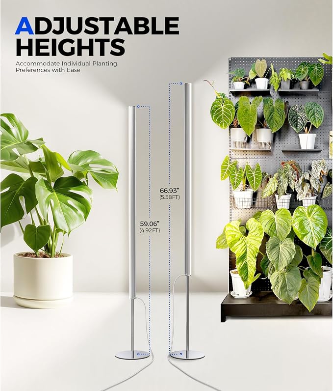 Barrina T1S Standing Grow Light for Indoor Plants with Timer, 65W 5000K High PPFD Tera Series Vertical Full Spectrum Grow Lights Adjustable Height 5FT-5.6FT, Foot Switch, Non-Glare Design, Silver