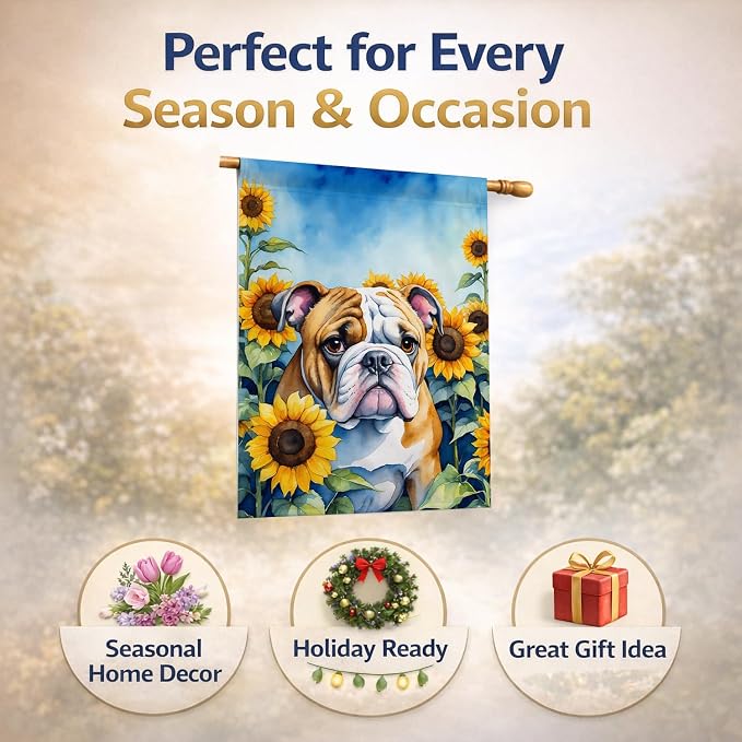 Caroline's Treasures DAC6072CHF English Bulldog in Sunflowers House Flag Large Porch Sleeve Pole Decorative Outside Yard Banner Artwork Wall Hanging, Polyester, House Size, Multicolor