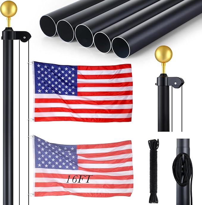 FuWeave Flagpoles for Outside House in Ground 16 ft Sectional Flag Pole Kit Extra Thick 16 Gauge Heavy Duty Aluminum Flag Pole with Gold Ball Top for Residential or Commercial (Black)