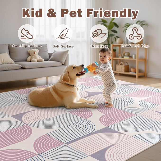 9'x12' Area Rug for Living Room, Washable Modern Abstract Soft Carpet | Low Pile, Indoor Floor Non Slip Stain Resistant Large Carpet for Bedroom Dining Room Farmhouse Nursery Home Office, Purple