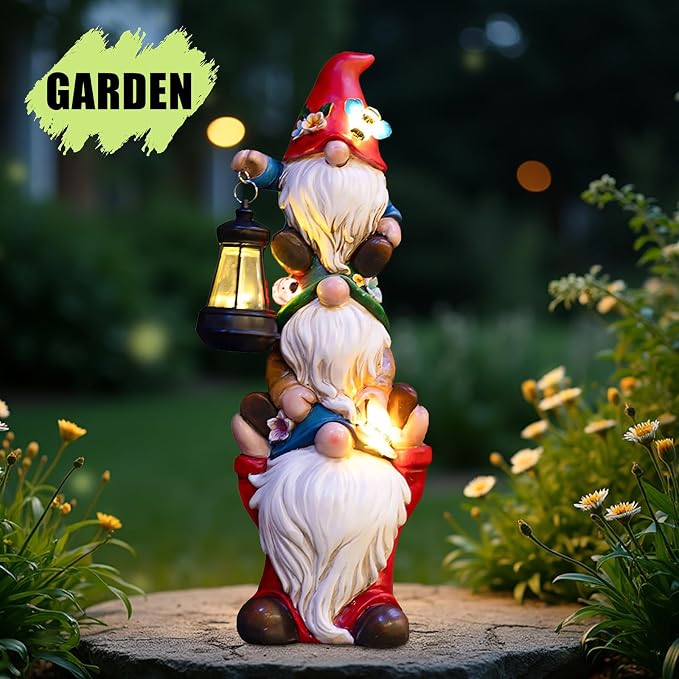 twinbling 12 in Garden Gnome Statue with Solar Lights Birthday Gift for Mom Woman Grandma Garden Sculptures Funny Triple Gnome Outdoor Patio Lawn Yard Balcony Home Decor
