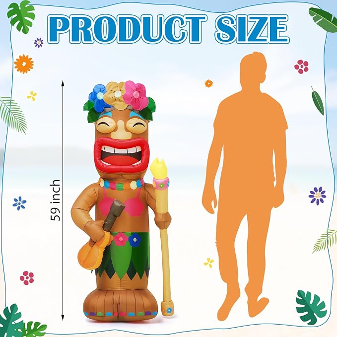 Shappy 5ft Inflatable Tiki Guitar Lighted Blowup Hawaiian Pool Party Decor | Luau Tropical Inflatables Giant Outdoor LED Tiki Blow up Aloha Bar Beach Summer Pool Surfing Party Decorations