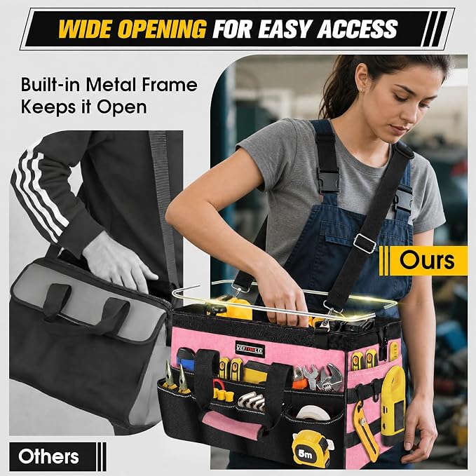 Veitorld 16-Inch Tool Bag Tool Box Organizer, Heavy Duty Tool Organizer with 19 Pockets, Wide Mouth Design for Easy Access, Portable Tool Tote Gift for Women and Men, Garage, Workshop, Pink