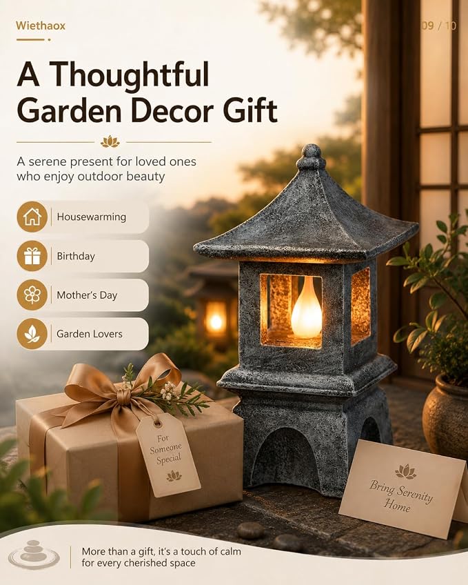 Solar Pagoda Lantern Japanese-Style with LED Flickering Flame Light, Zen Garden Statue Waterproof Resin Stone Finish Outdoor Decorations for Patio Yard Lawn, Housewarming Gifts for Mom Women