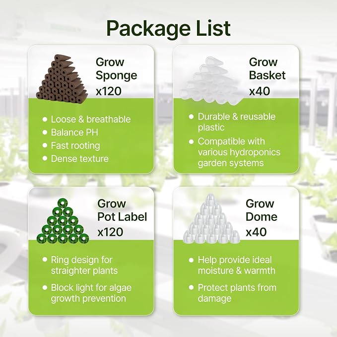 SUNCOZE 320pcs Hydroponic Pods, Accessories Compatible Other Hydroponics Growing Systems, Gardening Supplies Garden Pods Include 120 Grow Sponges, 40 Grow Baskets, 40 Domes, 120 Labels