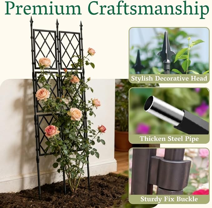 Garden Trellis Frame for Climbing Plants Outdoor | 65 Inch PE-Coated Metal Pipes & Plastic Grids Rose Wall Trellis | Rustproof Privacy Screen Plant Support Frame for Flowers Vines Vegetables Indoor