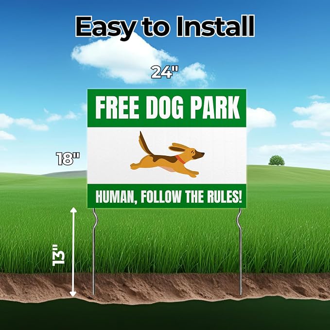 Free Dog Park – Humans, Follow the Rules! Yard Sign by DC | 24"x18" Double Sided Pets Garden Sign with 13” Metal Stakes | Outdoor Signs Waterproof for Lawn, Patio, Sidewalk & House | Set of 2
