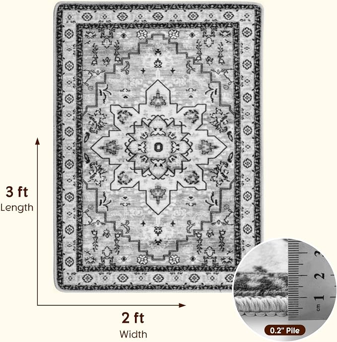LBRO2M Machine Washable Rug Soft Pet Friendly Carpet 2X3 Gray | Persian Rug 2X3 for Entryway, Kitchen, Bathroom Non Slip Carpet, Foldable Stain Resistant Rugs