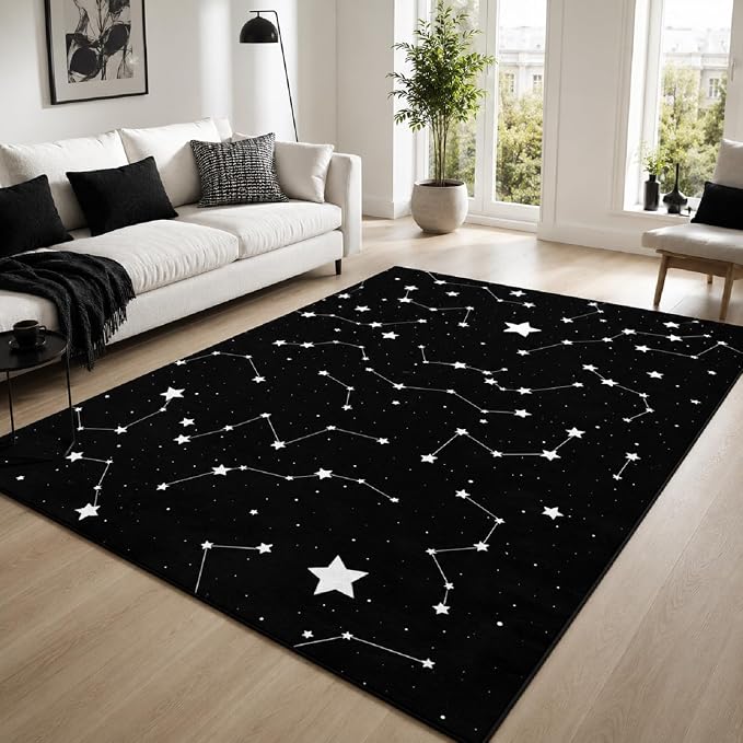9CH Black White Star Rugs 5'x7' Space Galaxy Rug for Living Room | Celestial Starry Constellation Carpet Soft Durable, Non-Slip, Washable, Stain Resistant for Bedroom, Dining Room