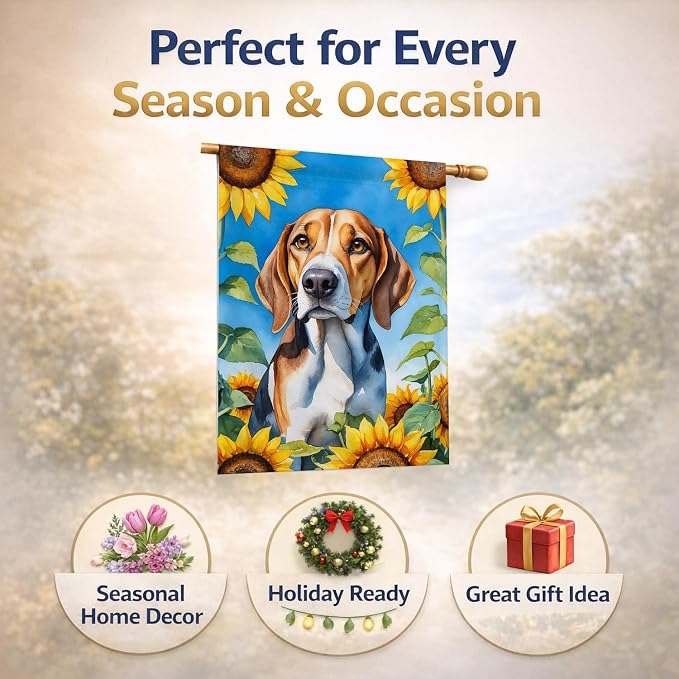 Caroline's Treasures DAC6009CHF American Foxhound in Sunflowers House Flag Large Porch Sleeve Pole Decorative Outside Yard Banner Artwork Wall Hanging, Polyester, House Size, Multicolor