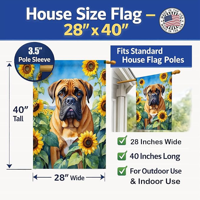 Caroline's Treasures DAC6042CHF Bullmastiff in Sunflowers House Flag Large Porch Sleeve Pole Decorative Outside Yard Banner Artwork Wall Hanging, Polyester, House Size, Multicolor