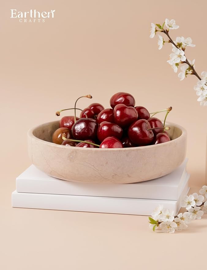 Marble Serving Bowl 8" Inches Beige Handcrafted Natural Stone Fruit Bowl For Kitchen Table decor, Modern Table Centerpiece Bowl, Chips Holder For Parties & Entertainments