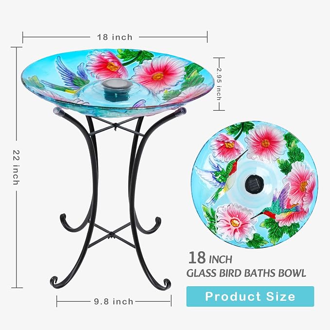 VCUTEKA Solar Birdbath Glass Bird Bath Outdoor with Metal Stand for Lawn Yard Garden Decor, Hummingbird