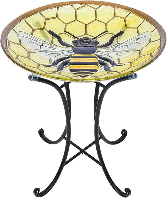 MUMTOP Bird Baths for Outdoors - Bee Large Glass BirdBath Bowl with Metal Stand, Outdoor Garden BirdBaths for Outside Lawn Yard Decor