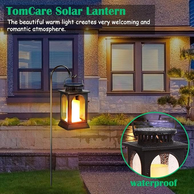 TomCare Solar Lights Flickering Flame Upgraded Metal Solar Lantern Outdoor Hanging Decorative Lanterns Heavy Duty Solar Powered Waterproof Outdoor Lighting for Patio Garden Deck Yard, 2 Pack (Black)