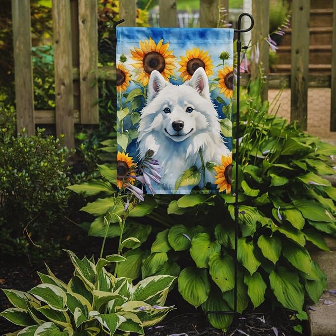Caroline's Treasures DAC6008GF American Eskimo in Sunflowers Garden Flag Mailbox Flag Decorative Yard Flag Banner Outside Patio Artwork Yard Flower Beds, Garden Size, Multicolor