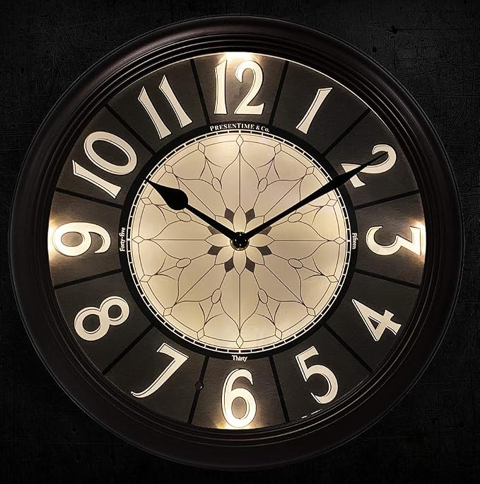 Presentime & Co. 12.6" Illuminated Farmhouse Wall Clock, Silent Battery Operated Night Light Wall Clock with Smart LED Sensor for Living Room, Bathroom, Kitchen, Home Office, Oil Rubbed Bronze Finish