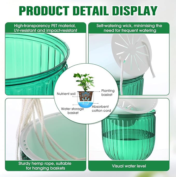 Hanging Planter Set of 6 Self Watering Indoor Flower Pots with Water Level Indicator Modern Plant Hangers for Indoor Garden Decor Balcony Apartment Boho Home Decoration Easy Care(Emerald)