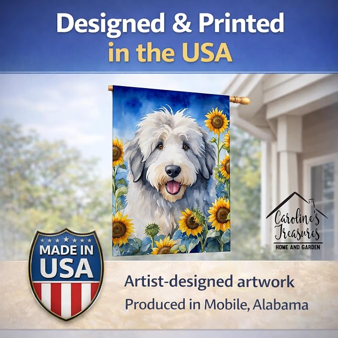 Caroline's Treasures DAC6129CHF Old English Sheepdog in Sunflowers House Flag Large Porch Sleeve Pole Decorative Outside Yard Banner Artwork Wall Hanging, Polyester, House Size, Multicolor