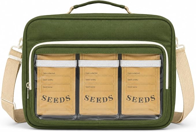 Seed Storage Organizer Bag with 30 Reusable Envelopes & 30 Protective Sleeves, Portable Garden Binder for Vegetable, Flower & Herb Packets, Green