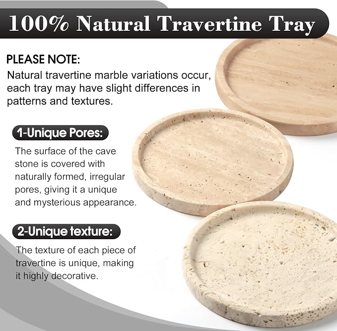 Natural Round Marble Tray - 7.8" Travertine Marble Vanity Tray for Dresser, Bathroom, Decorative Jewelry Dish for Perfumes Rings Earrings Necklaces, Stone Tray for Home Décor, Beige