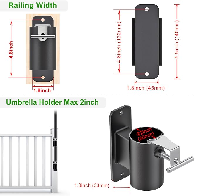Heavy Duty Deck Railing Umbrella Holder, Patio Umbrella Stand for 1-2 Inch Poles, Space-Saving Design, Secure & Sturdy Post Flat Mount for Deck Railing, Balcony, Outdoor Courtyard, Fences