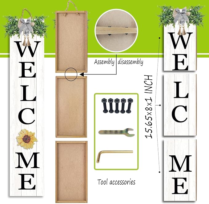 Interchangeable Outdoor Welcome Sign for Front Porch Standing 47"×8" with 12 Pcs Icons Vertical Tall Leaner Outside Welcome Sign Long Wood Frame Large Rustic Farmhouse Front Door Hanging Decor (White)