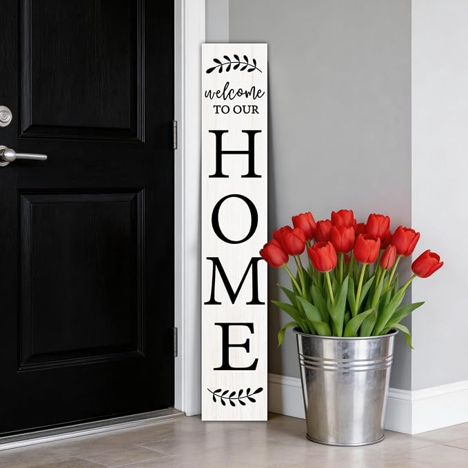 Welcome Sign for Front Porch, 47" Large Wooden Welcome to Our Home Sign Door Hanging Standing Plaque, Farmhouse Vertical Outdoor Porch Decorations for Yard Patio Entrance (White)
