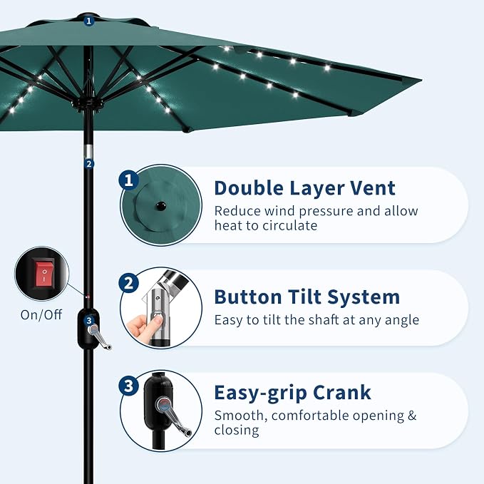 Patio Umbrella with Solar Lights, Outdoor Table Umbrella with 8 Durable Ribs, Tilt & Crank Mechanism, Water & UV Protection Sun Shade Umbrella for Garden, Poolside, Backyard (Turquoise, 10 FT)