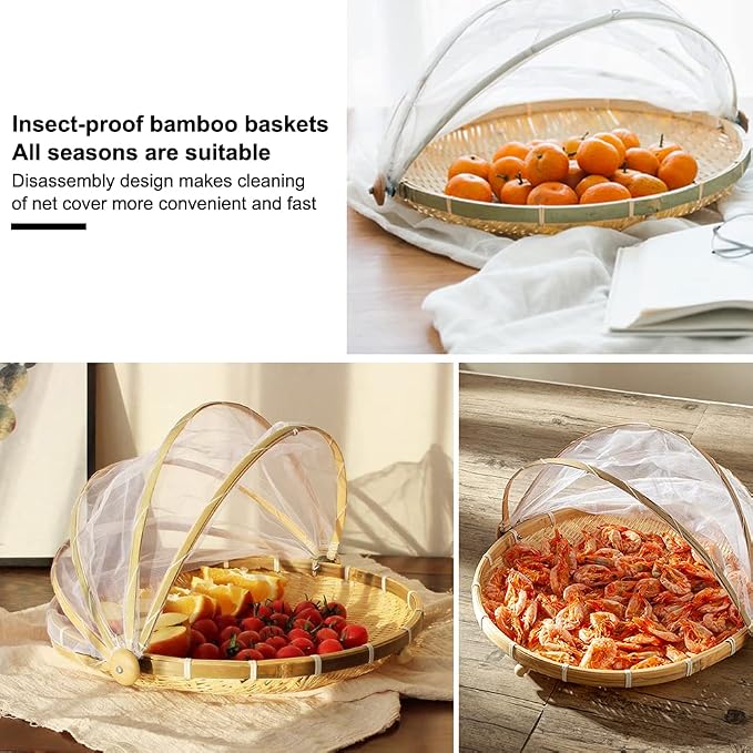 Mwellewm Food Bamboo Food Serving Tent Basket Hand-Woven Basket Serving Dustproof Round Picnic Basket Vegetable Fruits Bread Home Storage Basket with Mesh Gauze Cover Container