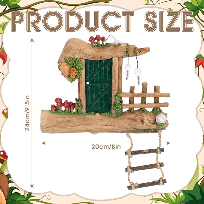 Sliner Fairy Door for Trees Outdoor Resin Fairy Garden Door Accessories with Pearl & Crystal Hanging Accents Miniature Gnome House for Garden Wall Outdoor Decorations Tree Trunk(Dark Green)