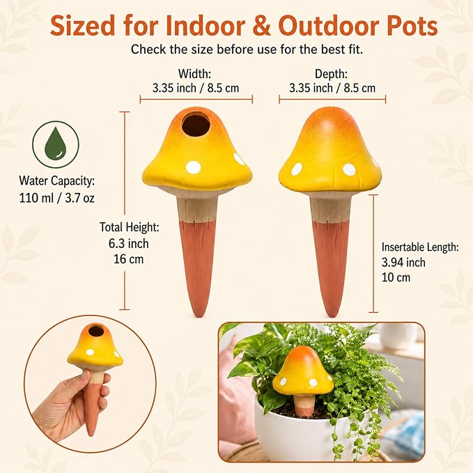 Terracotta Watering Spikes 4 Pack, Cute Self Watering Plant Spikes, Clay Plant Watering Devices, Slow Release Self Watering Planter Insert for Indoor Outdoor Potted Plants (Mushroom) | Porous terracotta, Top refill design, Decorative owl shape, Easy pl...