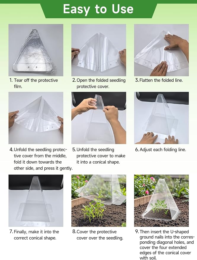 10 Pack Garden Cloches for Plants - Clear Reusable Plastic Seedling Covers with 20 Metal Stakes - Mini Greenhouse Plant Bell Covers for Frost, Sun, Pests Protection(7.8" x 11")