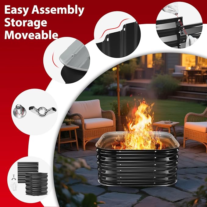 Height 16.5 Inch, Square Galvanized Steel Fire Pit for Outside, Heavy Duty Steel Fire Pit In-Ground for Backyard, Camping, Bonfire, Flower Raised Garden Bed for Garden (2.3x2.3x1.5ft)