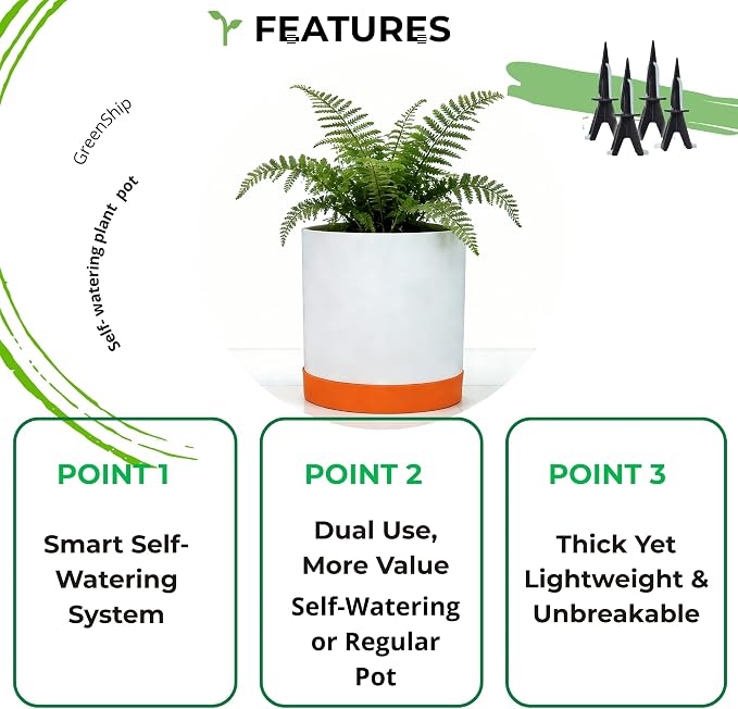 GreenShip 14 inch Self-Watering Cylinder Planter Pot with Saucer & Plugged Drainage Hole – Dual Use: Self-Watering or Traditional Pot – Jun Porcelain Clay & Recycle Resin, Durable & Unbreakable(W/T)