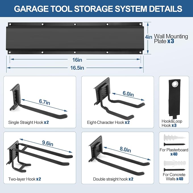 Garage Tool Organizer Wall Mount 49.5" - 520lbs Heavy Duty Metal | Garage Wall Organizer with 11 Adjustable Hooks, Space-saving Hanging Rack for Garden Yard Tools, Shovel, Ladder, Weed Eater
